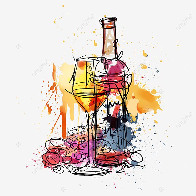Abstract watercolor illustration of a wine bottle, glass, and grapes with vibrant splashes of color.