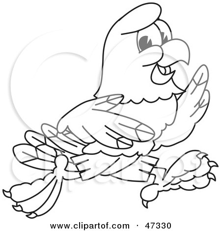 Cartoon parrot with cheerful expression, wings spread, and feet lifted as if mid-flight or dancing.