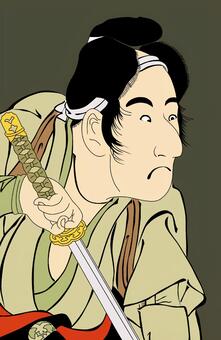 Japanese ukiyo-e style illustration of a samurai holding a katana, wearing traditional attire and topknot hairstyle.