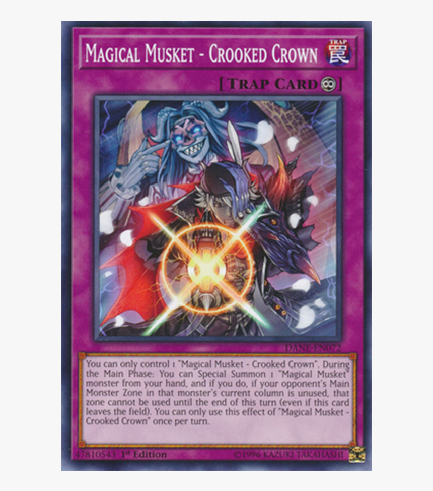 Yu-Gi-Oh! Trap Card "Magical Musket - Crooked Crown" with artwork of a masked warrior and spectral figure, purple border.