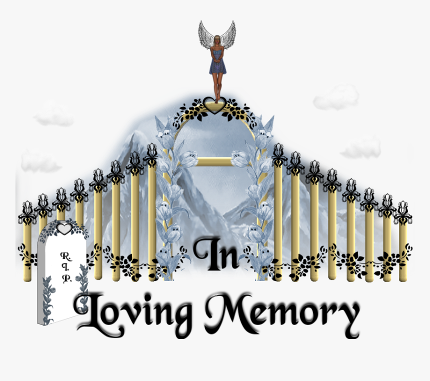 Angel atop ornate gate with "In Loving Memory" text, tombstone, and floral motifs against mountain backdrop.