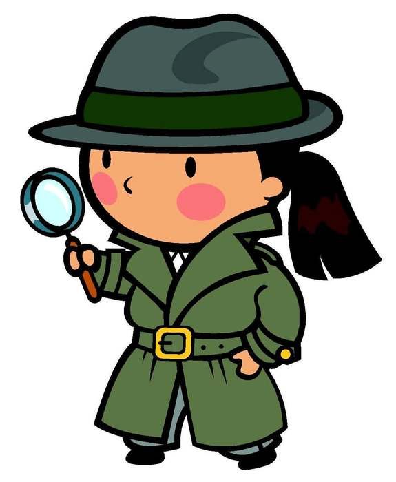 Chibi-style detective girl in green trench coat and fedora, holding magnifying glass with ponytail.