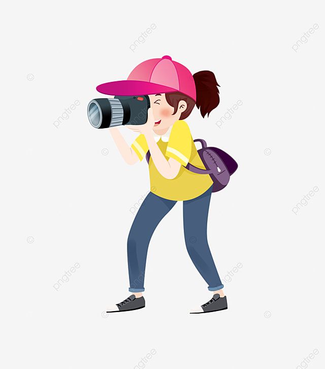 A cheerful young woman in a pink cap and yellow shirt takes a photo with a DSLR camera, wearing a purple backpack.
