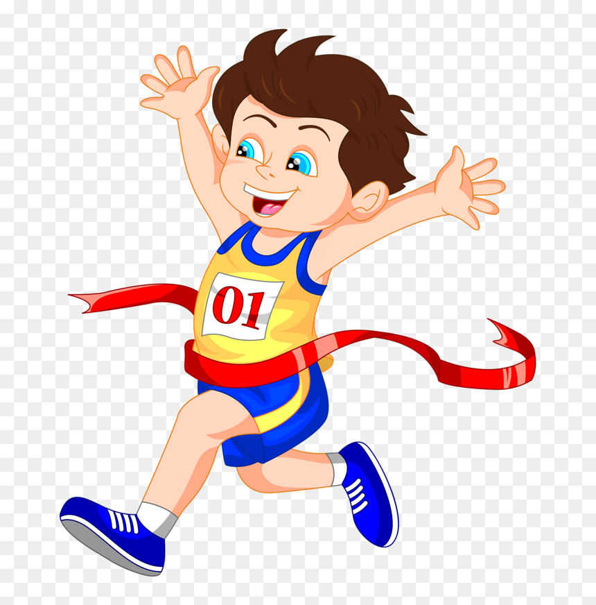 Happy cartoon boy runner crossing finish line with number 01 bib and red ribbon, celebrating victory.