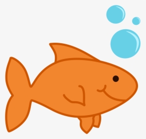 A cheerful orange cartoon goldfish swimming with three blue bubbles above its head.