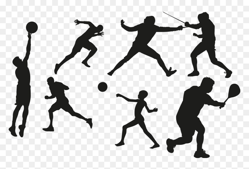 Silhouettes of athletes in action: basketball, sprinting, fencing, soccer, and squash.