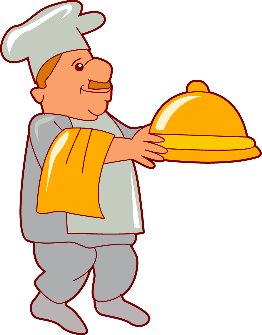 Cartoon chef in gray uniform and toque holding a golden cloche-covered platter with a smile.
