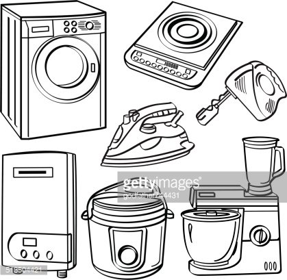 Line drawing of common household appliances including washing machine, induction cooker, iron, mixer, blender, pressure cooker, and water heater.