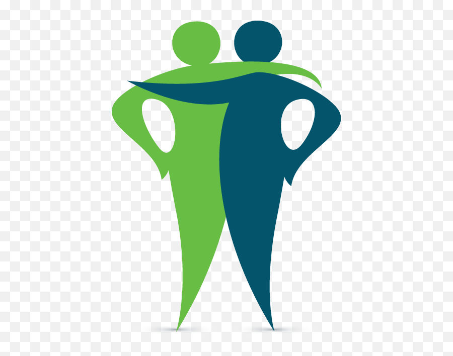 Two stylized human figures in green and blue embracing, symbolizing partnership, support, or teamwork.
