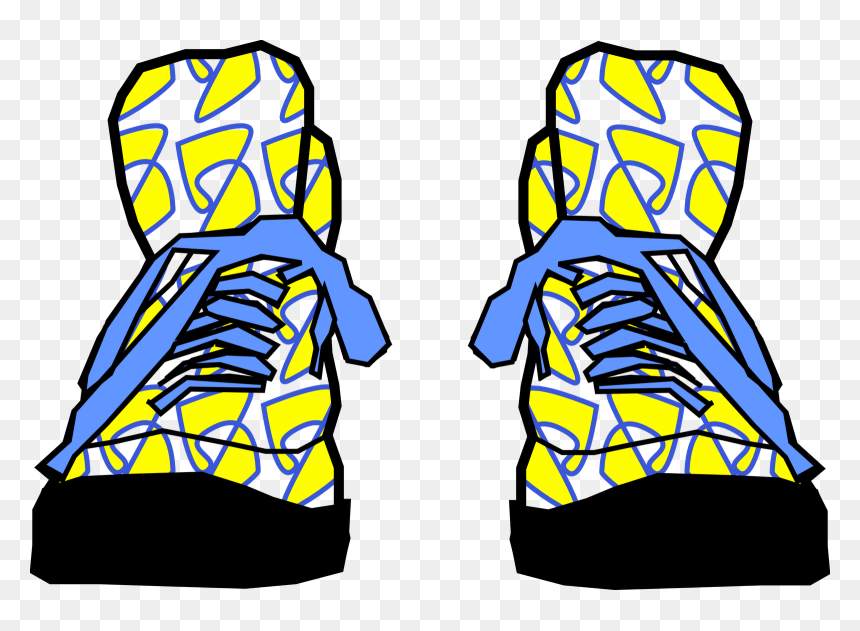 Stylized cartoon sneakers with yellow geometric pattern, blue laces, and black soles.