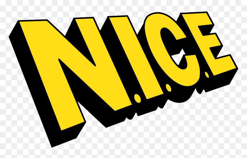 Bold yellow 3D text reading "NICE" with black outline and shadow on transparent background.