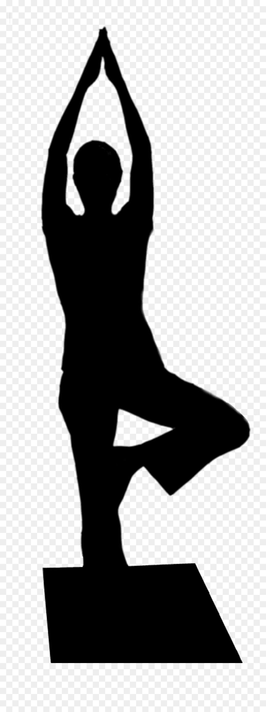 Silhouette of a person performing the yoga tree pose (Vrksasana) with arms raised and hands joined overhead.