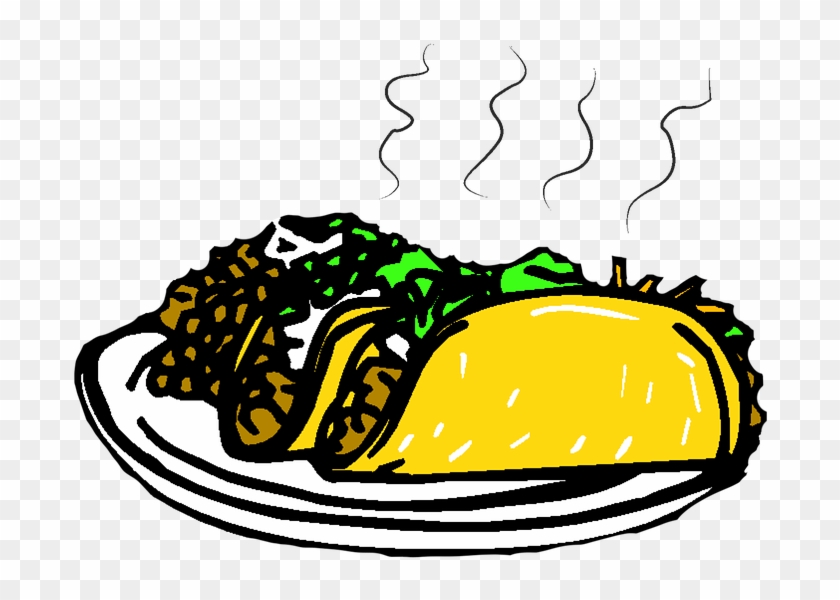 Steaming hot tacos on a white plate with lettuce and meat filling, illustrated in bold cartoon style.