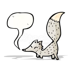 Cartoon fox with spotted fur and bushy tail, looking sideways with empty speech bubble above.