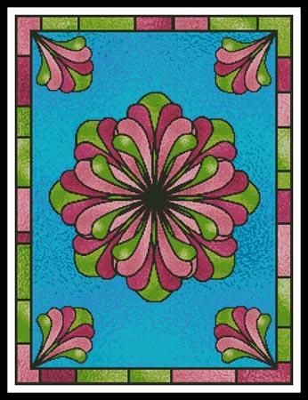 Stained-glass style floral mandala with pink and green petals on a turquoise background, framed by geometric borders.