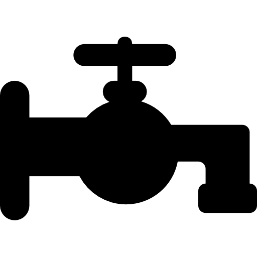 Black silhouette icon of a water faucet with a cross-shaped handle and pipe connections.