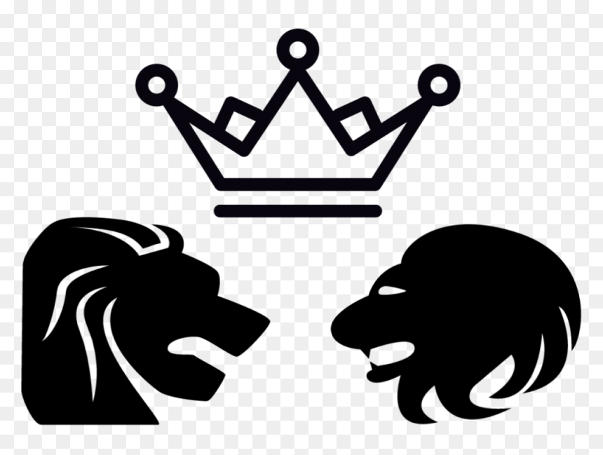 Black silhouette of two lion heads facing each other beneath a royal crown on transparent background.