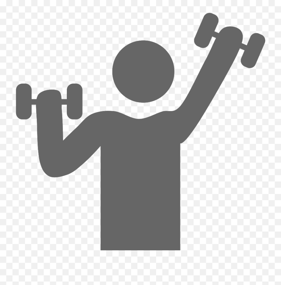 Gray icon of a person lifting dumbbells overhead in a fitness exercise pose.