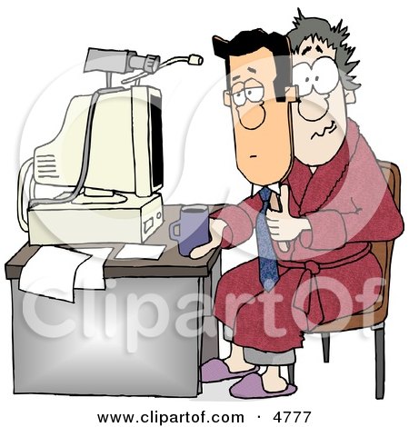 Tired office worker in robe and slippers at desk with coffee, computer, and medical device; colleague looks concerned.