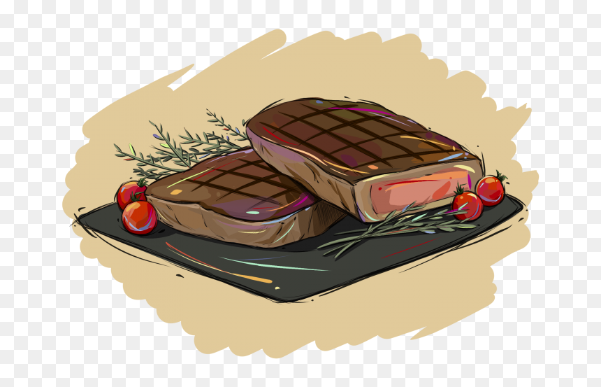 Grilled steak with rosemary and cherry tomatoes on a black slate platter, illustrated in vibrant food art style.