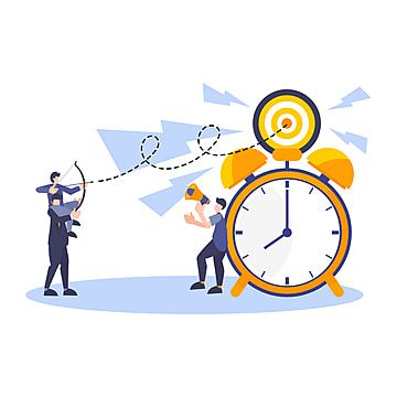 Two businesspeople aiming bows at a target on a large alarm clock, symbolizing time-bound goal achievement.