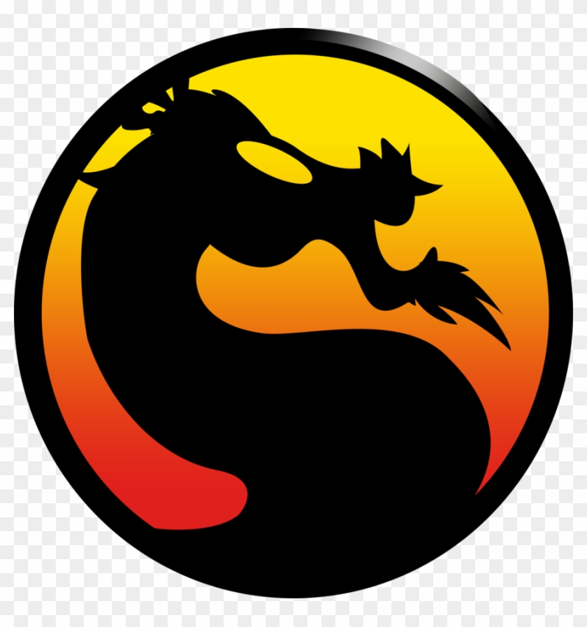 Black dragon silhouette in a circular yin-yang style logo with fiery yellow-to-red gradient background, iconic Mortal Kombat symbol.