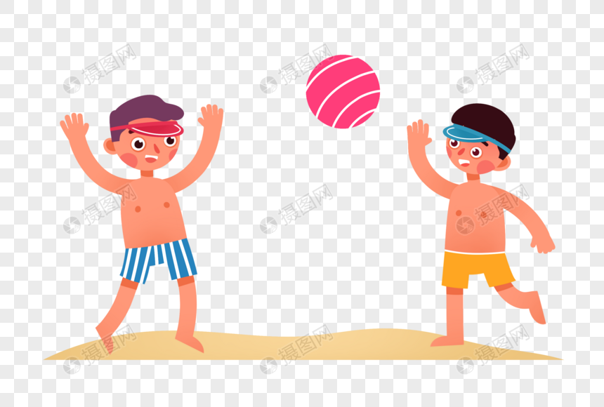 Two cartoon boys playing beach volleyball on sand with a pink striped ball mid-air.