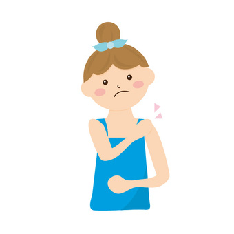Young woman in blue top holding her shoulder in pain, with pink pain indicators.