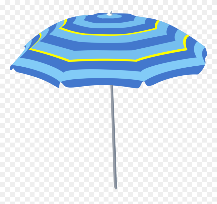 Blue and yellow striped beach umbrella with gray pole on transparent background.