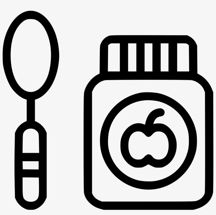 Black-and-white line icon of a baby spoon next to a jar labeled with an apple, symbolizing baby food.