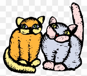 Two cartoon cats-one orange, one gray-sitting side by side with expressive green eyes and playful poses.