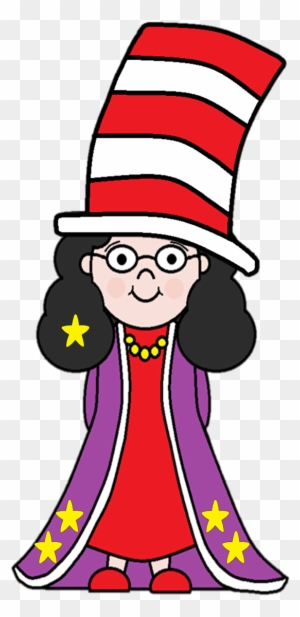 Cartoon girl in red-and-white striped tall hat, purple star-adorned robe, glasses, and yellow necklace.