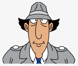 Cartoon detective wearing a gray fedora and trench coat with a skeptical expression.
