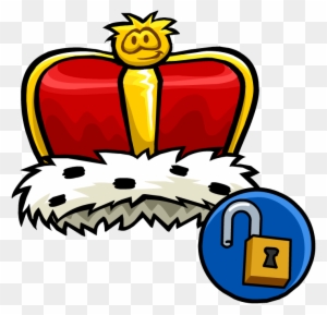 A cartoon royal crown with red velvet, gold trim, white fur, and a smiling emoji jewel, next to a blue locked padlock icon.