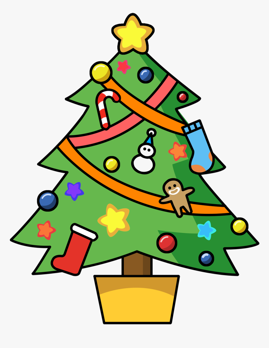 Colorful cartoon Christmas tree decorated with ornaments, candy cane, stockings, snowman, gingerbread man, and star topper.