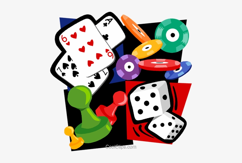 Colorful game elements including playing cards, dice, poker chips, and board game pieces arranged in a dynamic collage.