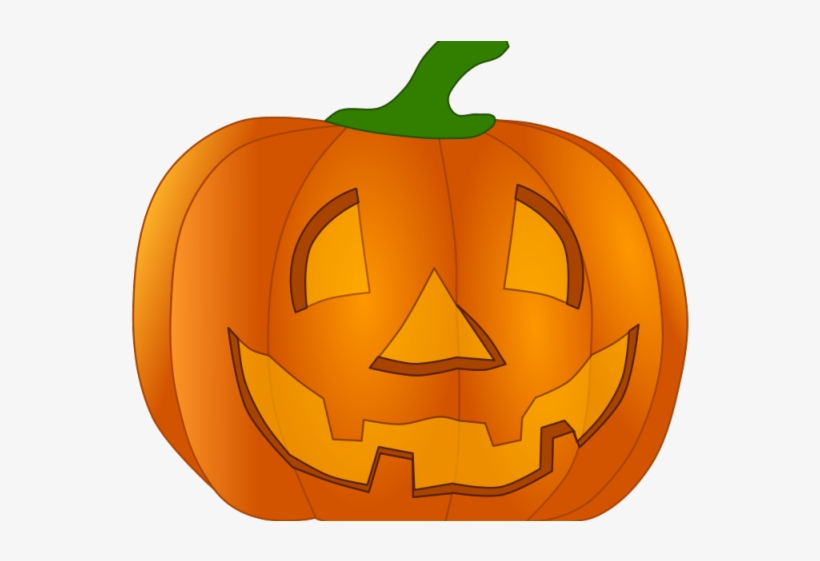 Carved orange Halloween jack-o'-lantern with green stem and glowing triangular eyes, nose, and jagged smile.