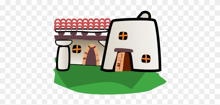 Cartoon-style ancient stone house with red-tiled roof, arched doorway, and cross-shaped windows on green grass.