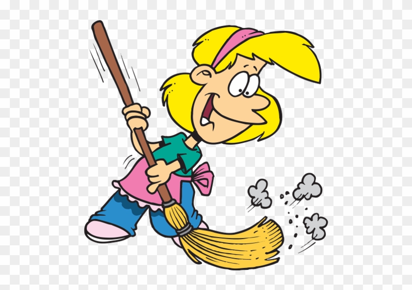 Cheerful cartoon girl with blonde hair sweeping energetically with a broom, wearing apron and smiling.