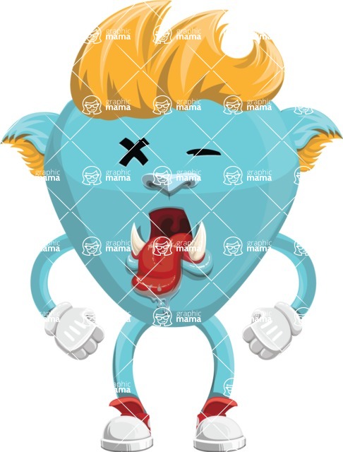 Blue heart-shaped cartoon character with spiky blond hair, one eye crossed out, fangs, and an open mouth holding a red heart.