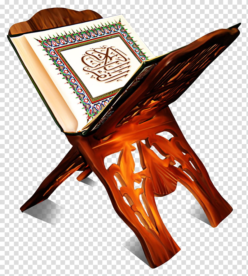 ornate wooden Quran stand holding an open, decorated Quran with Arabic calligraphy and colorful borders