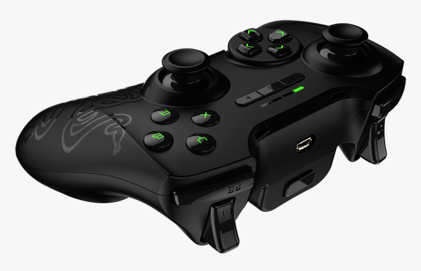 Razer Wolverine V2 gaming controller with black chassis, green backlit buttons, and ergonomic design.