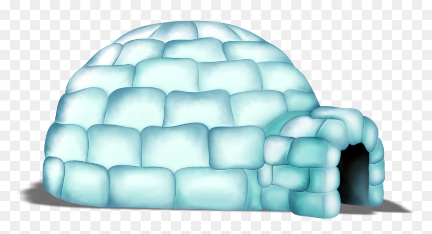 A cartoon-style light blue igloo made of stacked snow blocks with a small arched entrance and soft shadows.