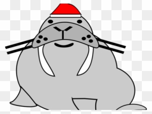A cartoon walrus wearing a red Santa hat with black whiskers and white tusks, smiling cheerfully.