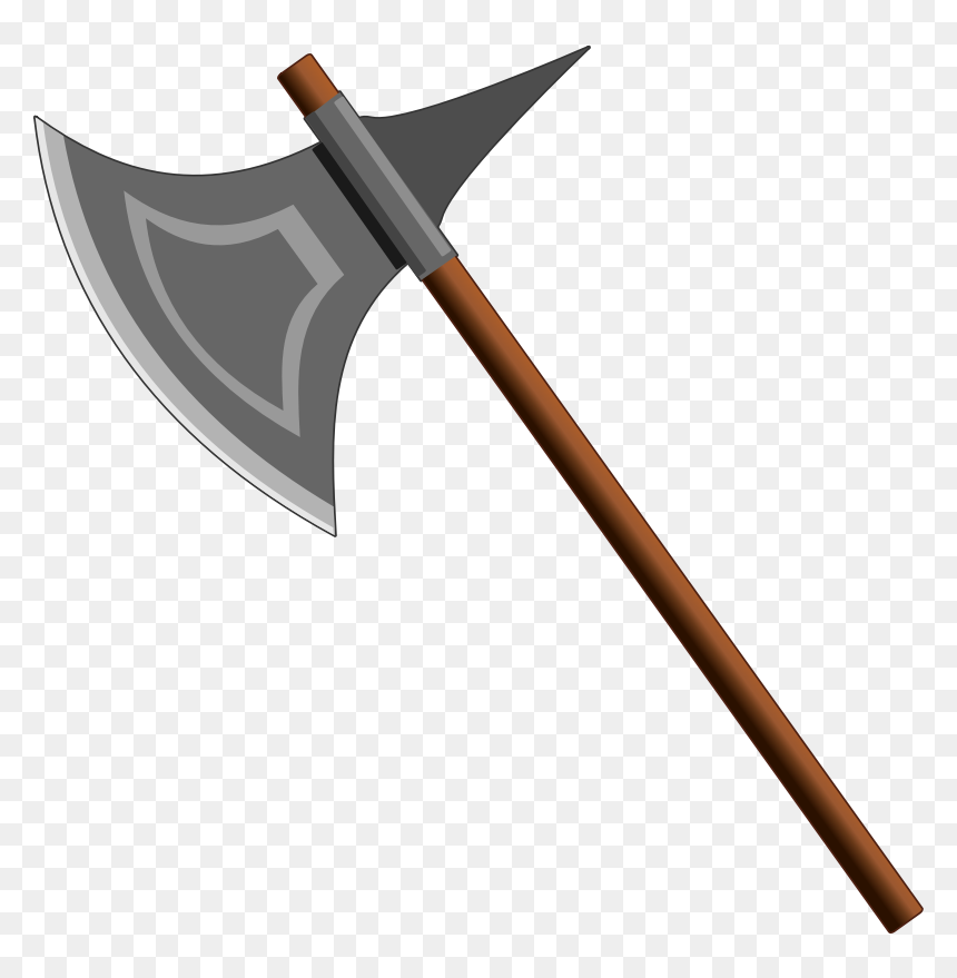 A double-bladed battle axe with a wooden haft and metallic grey head, featuring a shield-shaped engraving on the main blade.