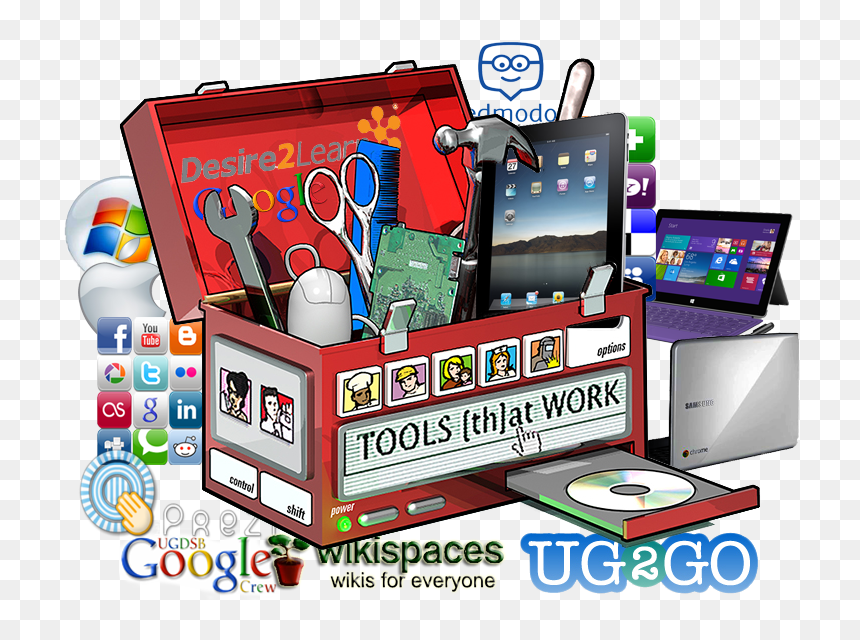 A red toolbox overflowing with digital tools, devices (tablet, laptop), icons (Google, Facebook, YouTube), and educational logos like UG2GO and Wikispaces.