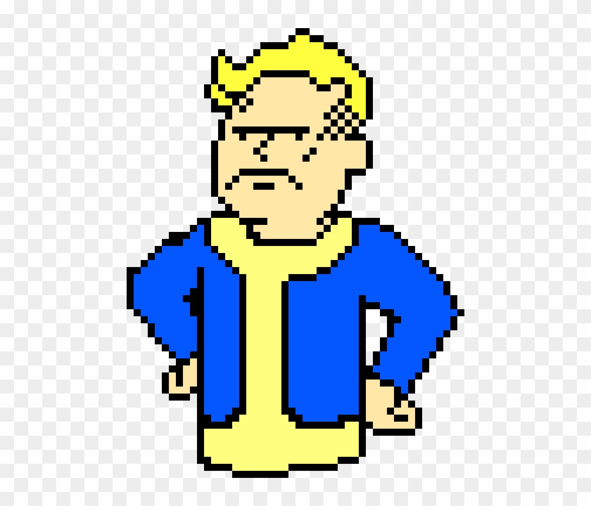 Pixel art of Vault Boy from Fallout, arms crossed, wearing blue vault jumpsuit and yellow undershirt with a smirk.