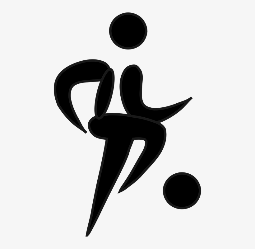 Abstract black silhouette of a dynamic human figure in motion, with two circular elements suggesting head and ball or energy points.