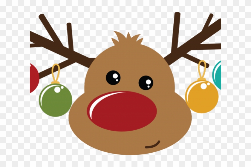 Cute cartoon reindeer with red nose and Christmas ornaments hanging from antlers.