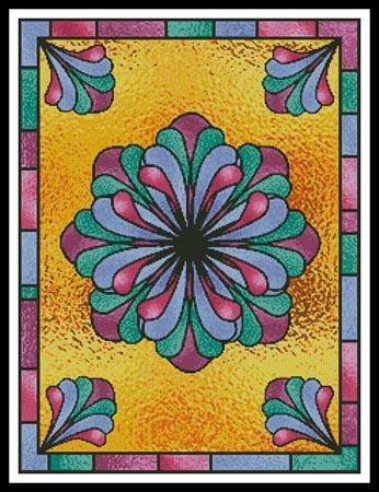 Stained-glass-style floral mandala with pink, green, and blue petals on a golden textured background, framed by colorful geometric borders.